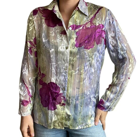 Vintage 80s Mirasol Womens Silk Blend Floral Slinky Sexy Button Down Blouse Sz S - Picture 3 of 7